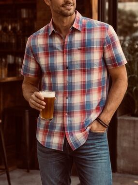 RVCA Plaid Button-Up Red Blue Short Sleeve Casual Shirt - Men’s Small